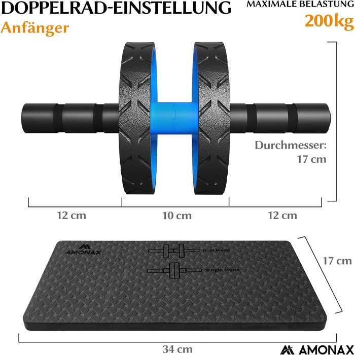 Ролик для живота Amonax, тренажер для живота, тренажер для живота набір коліс для тренажера живота, з нековзним, в т.ч. добре м'яким колінним килимком/наколінником, для чоловіків і жінок, тренування м'язів живота (синій)