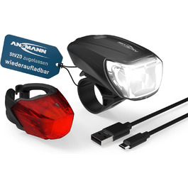 Велосипедний світловий комплект ANSMANN StVZO, CREE LED, 140 м, 35 Люкс, 170 Лм, IPX4, акумуляторний, USB, переднє та заднє світло