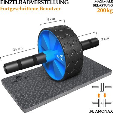 Ролик для живота Amonax, тренажер для живота, тренажер для живота набір коліс для тренажера живота, з нековзним, в т.ч. добре м'яким колінним килимком/наколінником, для чоловіків і жінок, тренування м'язів живота (синій)