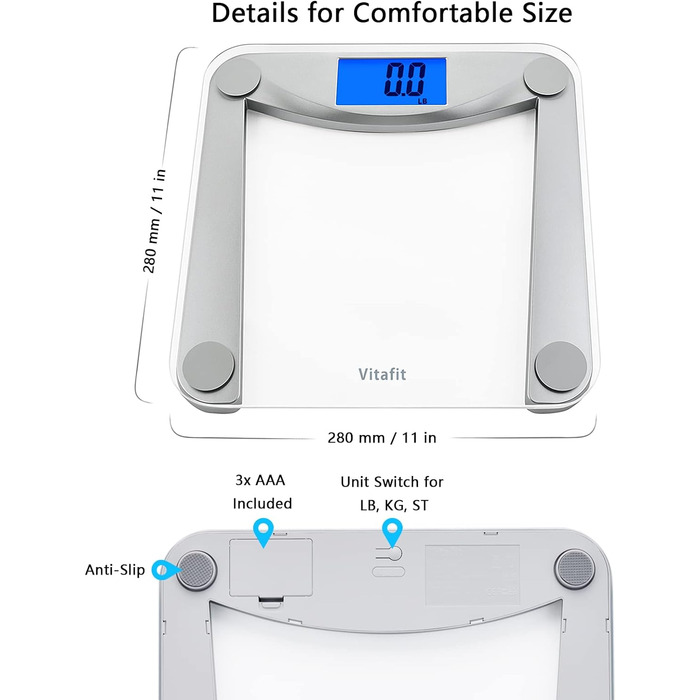 Ваги для ванної кімнати Vitafit Scale Body Fat Scale з додатком 180 кг, шкала складу тіла з Bluetooth, ваги для людей з жиром і м'язовою масою, ІМТ, білок, BMR, чорний (цифрові ваги)