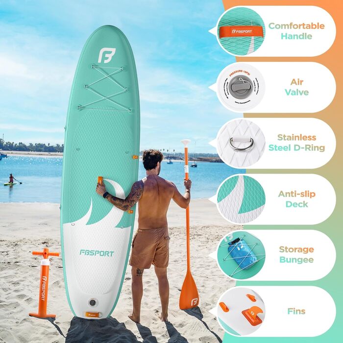 Надувна SUP-дошка FBSPORT для дорослих і підлітків, 15 см, з регульованим веслом, насосом, рюкзаком і плавником – для озер, річок і моря