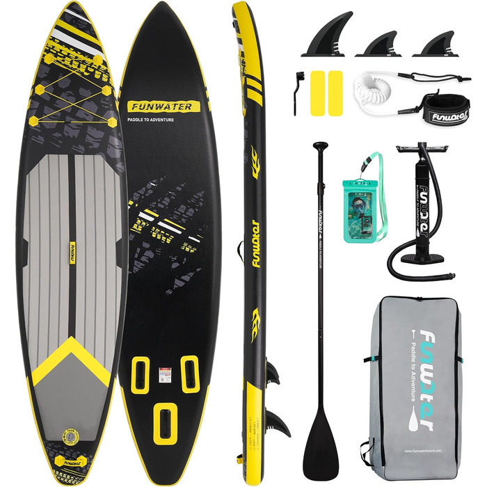 Надувна SUP-дошка FunWater для дорослих з веслом, ручним насосом, нековзким EVA-покриттям та страховочним шнуром