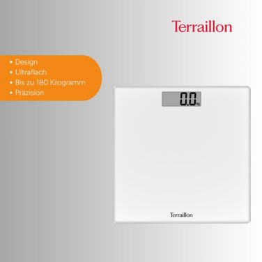 Ваги підлогові Terraillon TSQUARE, скляна платформа 26x26 см, ультратонкі, великий LCD-дисплей, вантажопідйомність 180 кг, точність 100 г, білі
