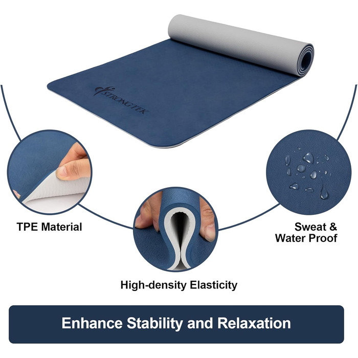 Килимок для йоги Strongtek Extra Thick, 8 мм, екологічно чистий килимок для йоги TPE для жінок і чоловіків, двосторонній нековзний гімнастичний килимок, килимок для фітнесу з ременем для перенесення для занять пілатесом і вправами на підлозі (синійсірий)