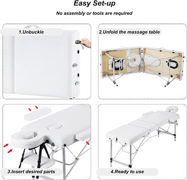 Мобільний масажний стіл VORSCH 3 зони, масажний стіл складний регульований по висоті, портативна масажна лава, косметичний столик, виготовлений з алюмінію, з підлокітниками підголівником, сумка для перенесення підставки для рук, (біла)