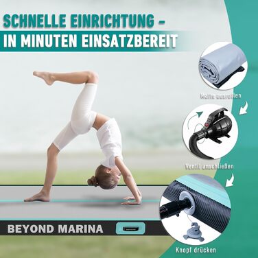Гімнастичний надувний мат BEYOND MARINA 4м, 10см, з насосом, для дому, тренувань, фітнесу та йоги, м'ятний, карбон