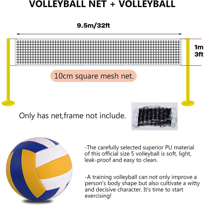 Волейбольна сітка BlesMaller і волейбольний набір розміру 5, сітка для відкритого/пляжного/садового/пляжного волейболу 9,5 м x 1 м спортивна змінна сітка для бадмінтону, тенісу