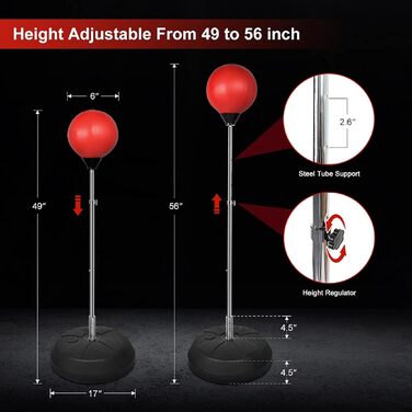 Боксерська груша Набір боксерських м'ячів Тренування з боксу Регульована висота підлогової коробки Швидкісний м'яч Боксерський м'яч стоячи з боксерськими рукавичками (червоний)