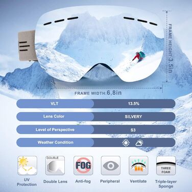 Чоловічі лижні окуляри OTG для тих, хто носить окуляри, Дзеркальні снігові окуляри із захистом від ультрафіолету Жіночі лижні окуляри проти запотівання VLT 13.5 Silver Mirrored