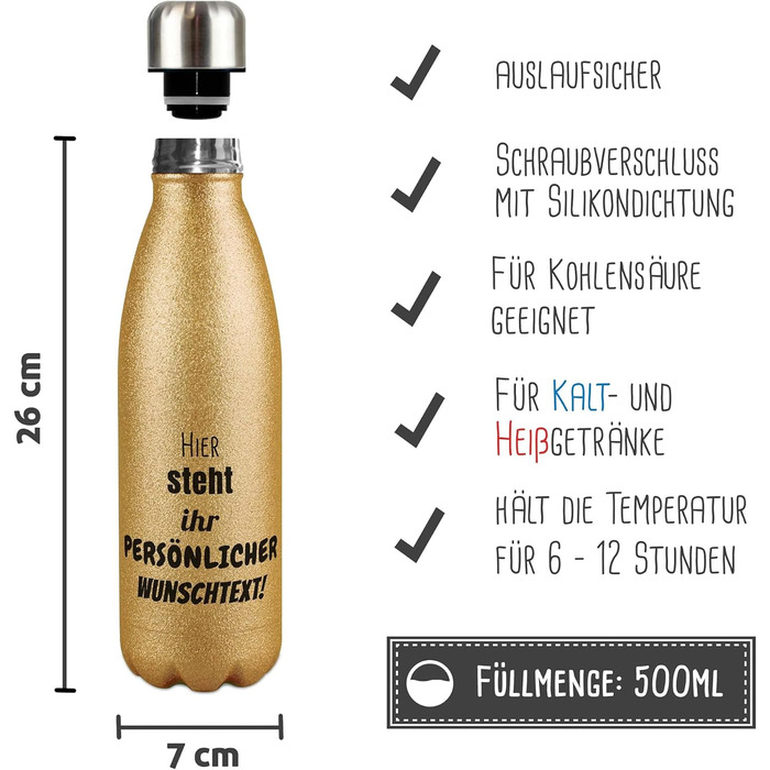 Королівська пляшка для води з нержавіючої сталі Індивідуальний дизайн - На замовлення з текстом - Блискітки для термоса, пляшка для води без BPA, подорожі, кемпінг, персоналізований подарунок з блискітками I, 500 мл (золото)