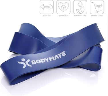 Фітнес-гумка BODYMATE 208 см, еластична стрічка опору з натурального латексу, тренує силу, витривалість, координацію, гнучкість і багато іншого, для початківців і професіоналів 5. X-STRONG-BLUE 6,2 см (опір 28-80 КГ)