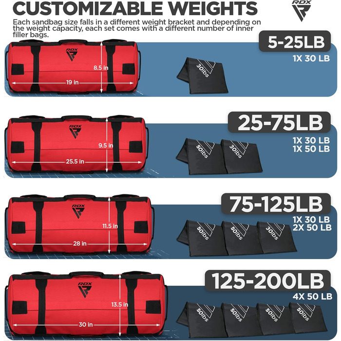 Ваговий мішок RDX для фітнес-силових тренувань, ненаповнений, 8 ручок, мішок з піском Core, 2-90 кг, ідеальний для багатьох тренувань (червоний, 25-75 фунтів)