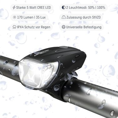 Велосипедний світловий комплект ANSMANN StVZO, CREE LED, 140 м, 35 Люкс, 170 Лм, IPX4, акумуляторний, USB, переднє та заднє світло