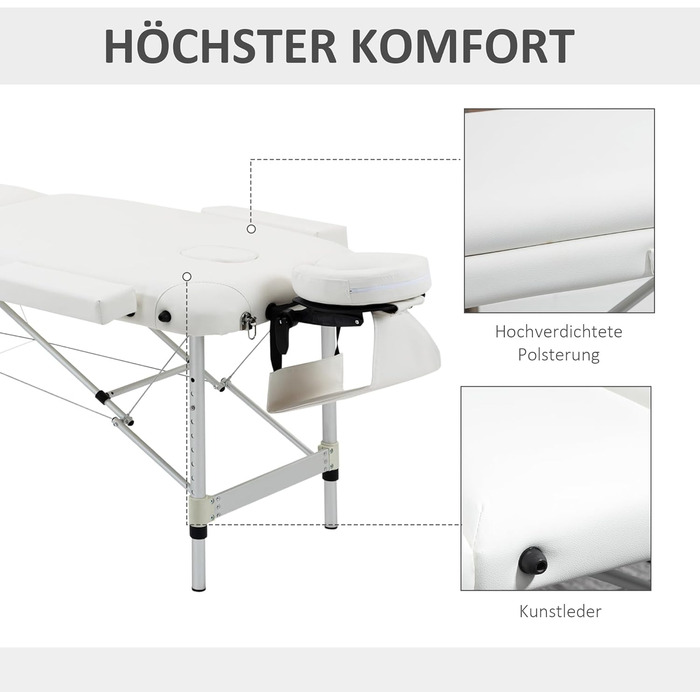 Масажні столи HOMCOM Складні косметичні столики Регульований по висоті масажний стіл з підголівником Масажне ліжко Алюмінієва піна Пластик Білий 215 х 60 х 61-84 см
