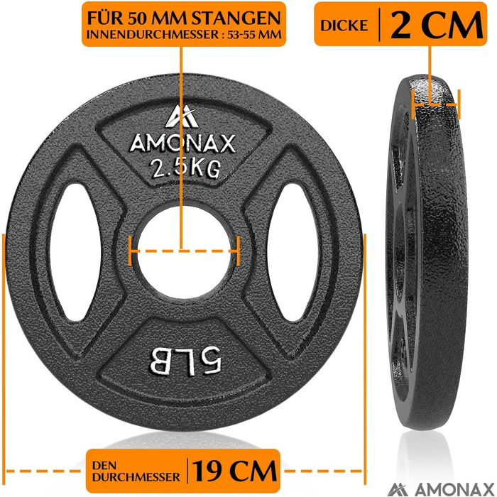 Набір чавунних вагових пластин Amonax, 2,5 кг, 5 кг, 10 кг Набір гантелей для олімпійських ваг 25 мм і 50 мм Гантель, металеві вагові пластини для важкої атлетики та тяги стегнами, вагові пластини для домашнього тренажерного залу (50 ММ - 2,5 КГ x 4)