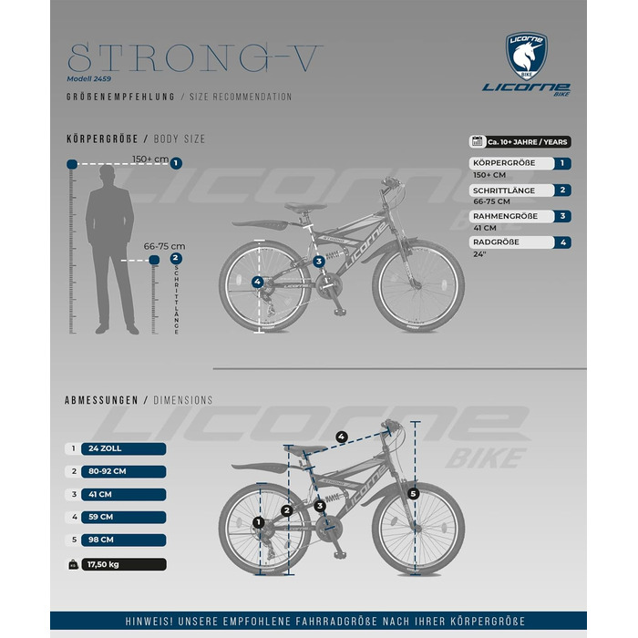 Гірський велосипед Licorne Bike PREMIUM Strong V 24 і 26 дюймів - велосипед для хлопчиків, дівчаток, жінок і чоловіків - 21 швидкісна передача - повна підвіска (чорний/синій/помаранчевий, 24,0 дюйма)