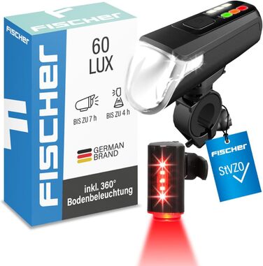 Велосипедний LED набір освітлення FISCHER Twin з 360° підсвіткою для безпеки, передня фара 60 Люкс