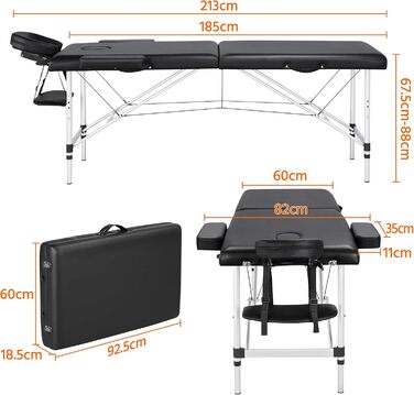 Мобільний масажний стіл Yaheetech шириною 70 см Алюмінієвий масажний стіл регулюється по висоті 2 зони Складний з сумкою для перенесення та підголівником до 250 кг З навантаженням (213 x 82 см, чорний)