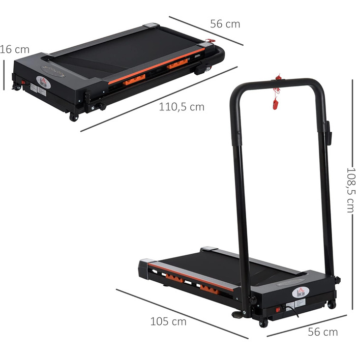 Електрична бігова доріжка HOMCOM з РК-дисплеєм, складаний тренажер, 1-6 км/год, сталь, чорний, 105 x 56 x 108.5 см