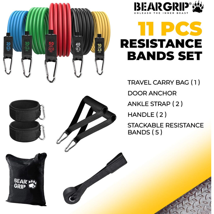 Набір BEAR GRIP: 11 опірних фітнес-стрічок з ручками, дверним якорем і сумкою для домашніх тренувань