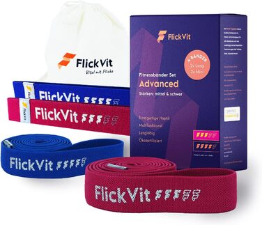 Фітнес-гумки FlickVit Physio, Beginner, Advanced, Pro, 5 Strengths + сумка