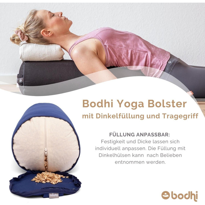 Рулон Bodhi Yoga Bolster Ø 22 см Рулет для йоги з органічною начинкою зі спельти Подушки для йоги для відновлювальної та інь-йоги Бавовняний чохол, який можна прати Подушка для пілатесу з ременем для перенесення (баклажани)