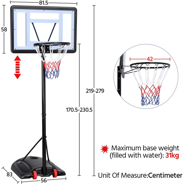 Баскетбольне кільце Yaheetech з колесами та регулюванням висоти (219-279 см)