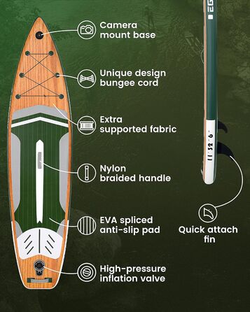 Надувна дошка для веслування EGGOEY , дуже широка дошка для веслування стоячи, дошка для сап зі знімним плавником, плаваюче весло, ручний насос, водонепроникна сумка, дошка для подорожей (темно-зелена текстура дерева-2)
