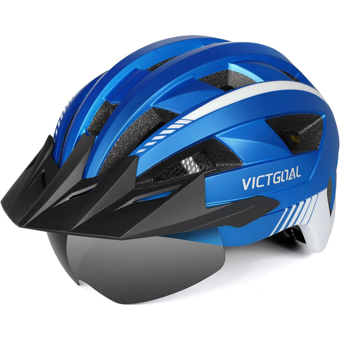 Шолом VICTGOAL MTB Metalblue L з козирком і LED-ліхтарем