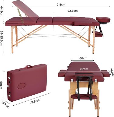 Зонний масажний стіл Yaheetech Портативна масажна лава Регульований по висоті масажний стіл з підголівником і знімними підлокітниками для фізіотерапії, бургундія, 3-