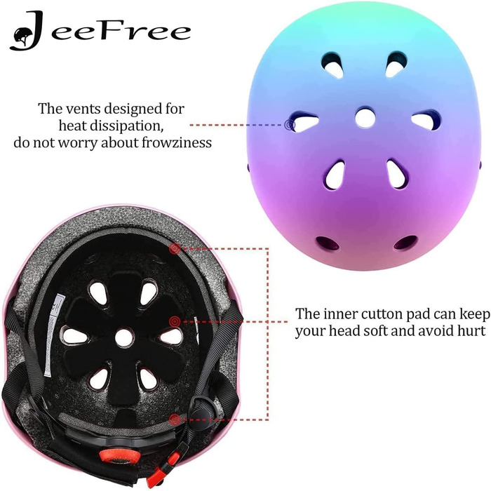 Захисний шолом JeeFree з регулюванням розміру, градієнтний, для дітей 3–14 років, підлітків та дорослих, універсальний для катання на велосипеді, скейті, самокаті, роликах