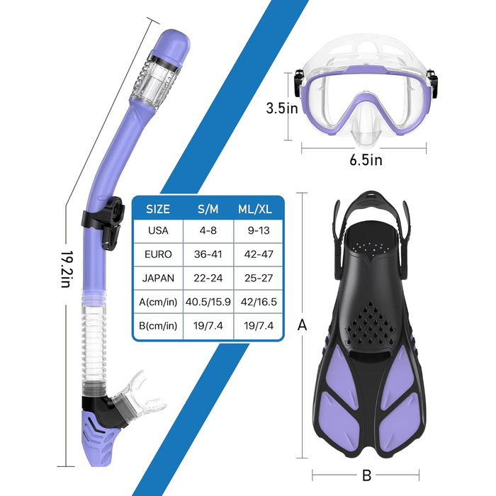 Спорядження для підводного плавання Ubekezele для дорослих, чоловіків і жінок, набір трубок 4-в-1 з панорамним видом, захист від запотівання, проти протікання, трубка з сухим верхом, ласти та дорожня сумка для плавання, (фіолетовий, ML/XL)