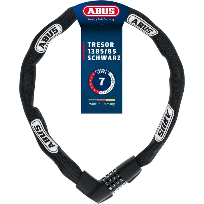 Ланцюговий замок ABUS Tresor 1385 з кодовим механізмом, загартована сталь, товщина ланцюга 7 мм, довжина 85 см, рівень безпеки 7, чорний