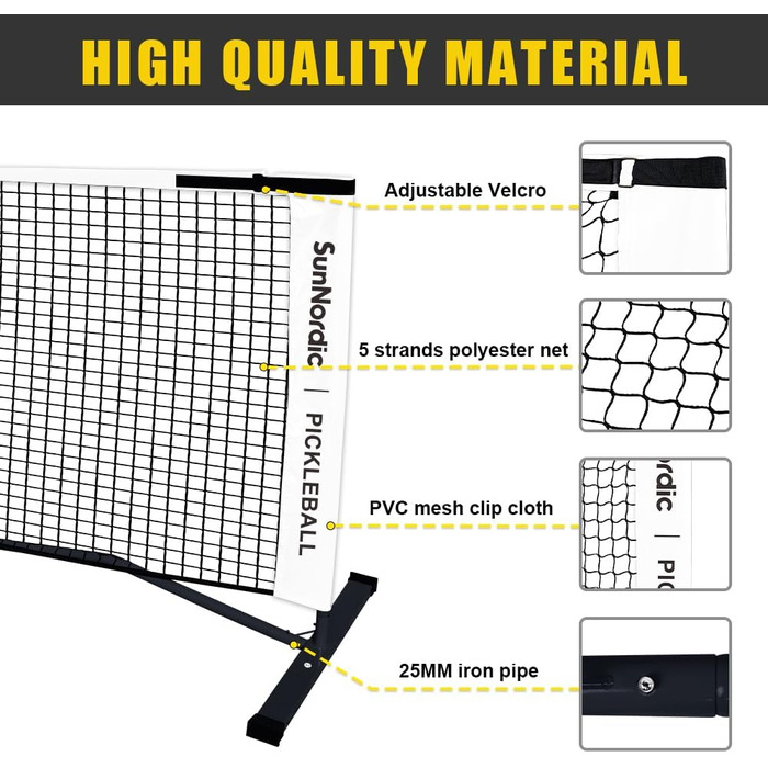 Портативний набір сіток для піклболу SunNordic, сімейні вправи, поліефірна сітка Pickleball із стійким до атмосферних впливів металевим каркасом і сумкою для перенесення, система сіток Pickleball для будь-яких погодних умов, на відкритому повітрі та в при