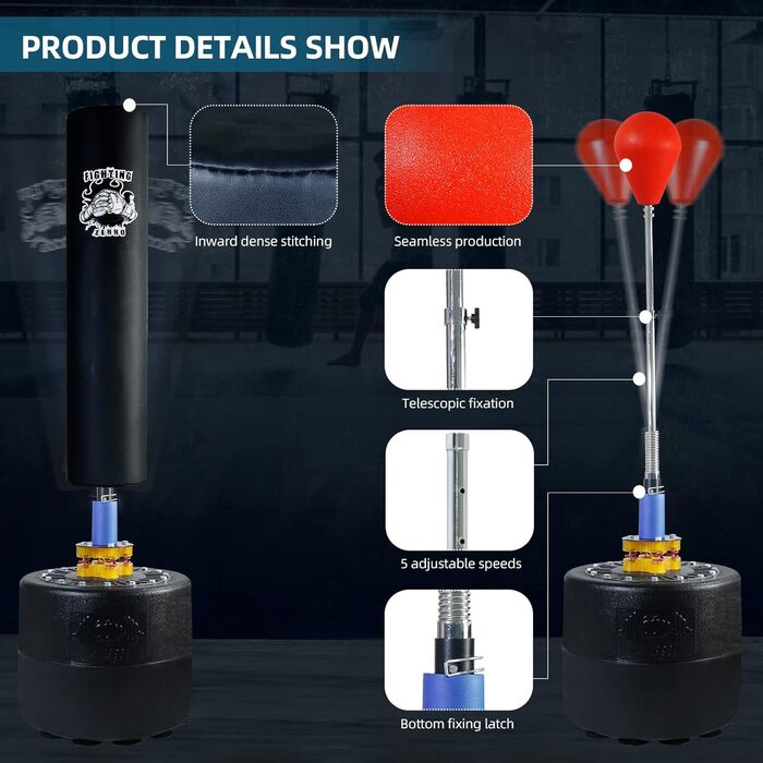 Боксерська груша ZERRO Окремо стояча боксерська груша Solid Set Регульований по висоті боксерський тренажер Heavy Duty L Діаметр 20 см, зі швидкісним м'ячем
