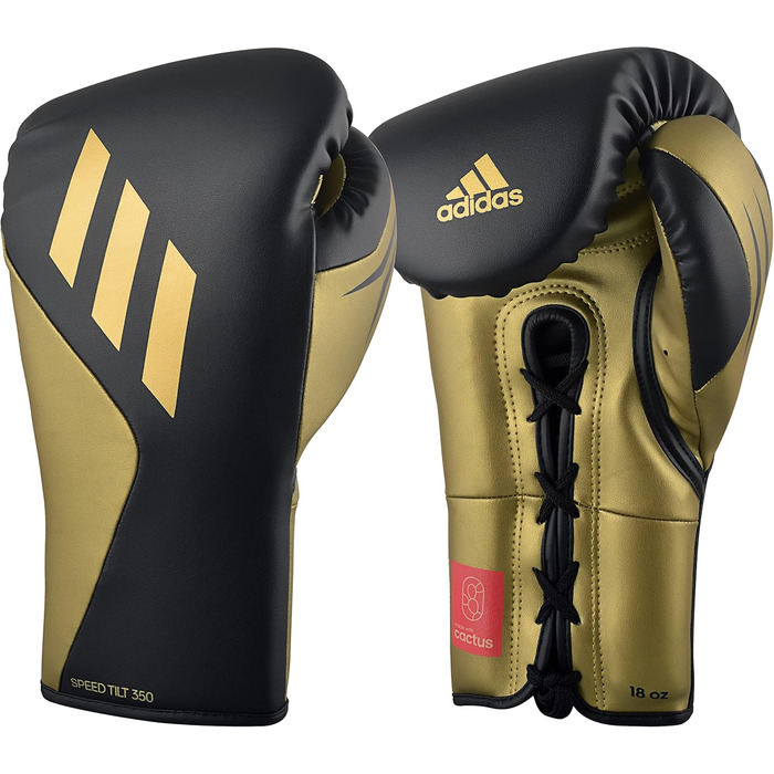 Боксерські рукавички adidas Tilt 350 Pro 16 унцій, унісекс, чорні/золоті, нова технологія нахилу, шнурівка, еко-веганська шкіра, для боксу, кікбоксингу, ММА, тренувань