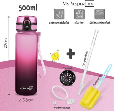 Дитяча пляшка для води My Vesperbox Minny 500 мл з іменем, BPA Free, соломка/сито, для школи та спорту, рожево-фіолетова-чорна