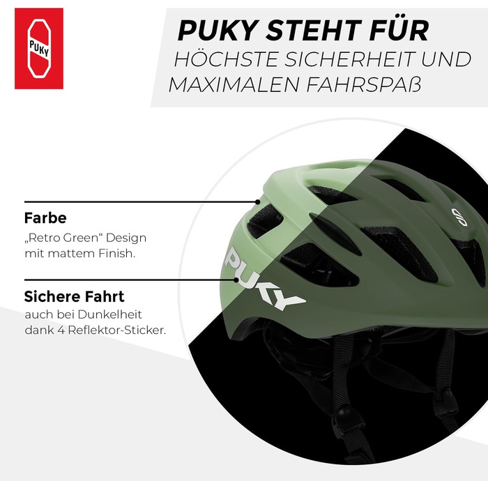 Шолом PUKY Дитячий велосипедний шолом S 48-55 см/М 54-58см Легка вага 220 г Максимальний захист і вентиляція Видимість на 360 через світловий модуль Ідеально підходить для безпеки та комфорту на велосипеді Green M