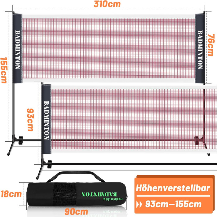 Набір для бадмінтону Tubiaz з сіткою 3,1/4,1/5,1 м, портативний спортивний набір для бадмінтону, тенісу, дитячого волейболу, футболу Легко встановлюється за допомогою палиць, для приміщень на вулиці. Регулюється по висоті 93-155 см (3,1 м)