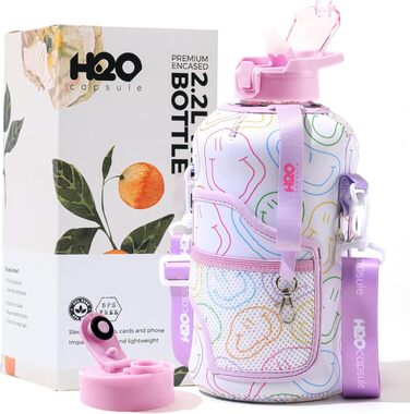 Пляшка для води H2O Capsule 2.2 л з чохлом і соломинкою, BPA-free, велика багаторазова фіолетова пляшка з ручкою та усмішкою