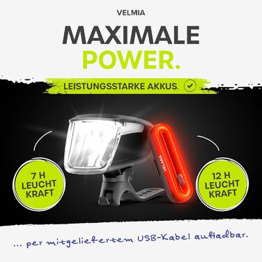 Комплект велосипедних LED-ліхтарів VELMIA з USB-акумулятором, переднє та заднє світло, водонепроникні, до 8,5 годин роботи, StVZO сертифікат