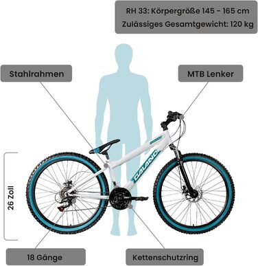 Мотоцикл Galano G600 MTB 26 дюймів для дорослих та підлітків від 145 см Гірський велосипед з амортизаційною вилкою Cross Bike 18 швидкісний перемикач білий/бірюзовий 33 см