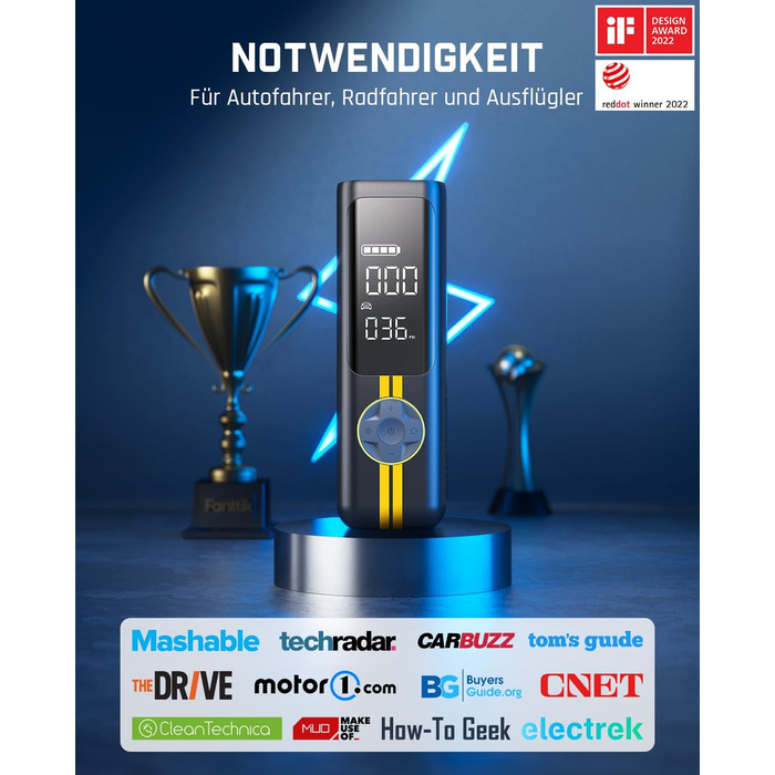 Електричний компресор Fanttik X8 APEX, 11.1V, 150PSI, портативний насос з LED-дисплеєм для авто, електровелосипеда, мотоцикла, м'ячів, шин 26,3 см