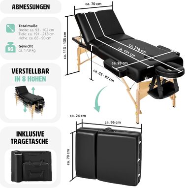 Масажний стіл Tectake 3 зони, масажний стіл складний, масажний стіл з підкладкою 7,5 см, регулювання висоти, мобільний масажний стіл, підголівник і підлокітник, масажна лава з дерев'яними ніжками, сумка для перенесення - Black Black No 404376
