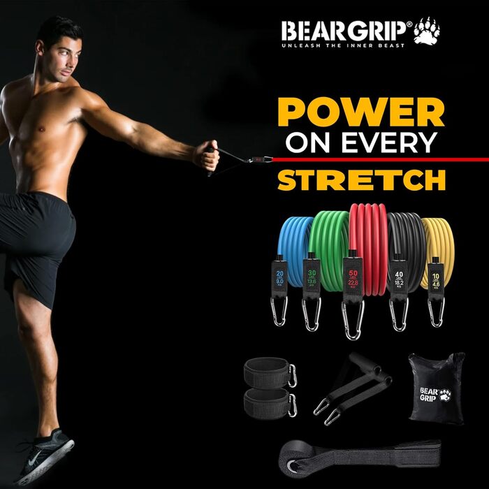 Набір BEAR GRIP: 11 опірних фітнес-стрічок з ручками, дверним якорем і сумкою для домашніх тренувань