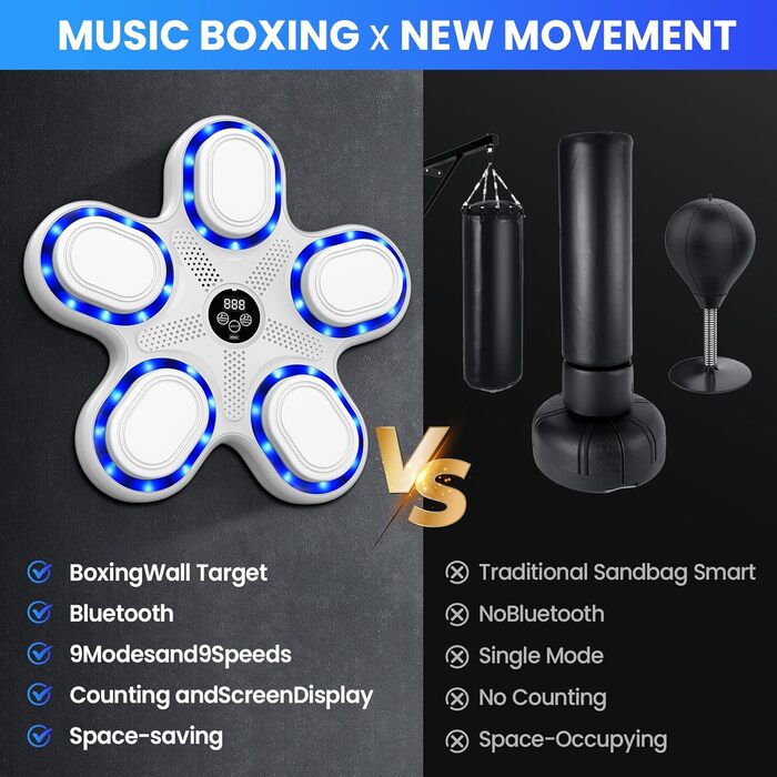 IERAKOR Музична боксерська машина з LED, Bluetooth, 9 режимів, для дітей, електронна боксерська груша з рукавичками, біла