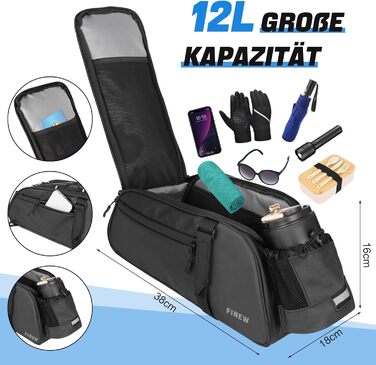 Велосипедна сумка FINEW 2в1 для багажника, 12 л, водонепроникна PU, рюкзак, з відбивачами і чохлом від дощу