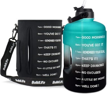 Пляшка для води QuiFit 3.8 л з трубочкою, мотиваційною розміткою, BPA-free, герметична, для спорту та фітнесу, зелено-чорна з чохлом