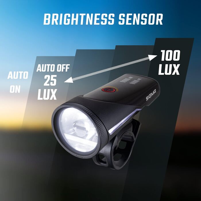 Комплект велофар SIGMA Aura 100/Blaze Link з силіконовим кріпленням, LED передня фара 100 Люкс, заднє світло з функцією стоп-сигналу, автоматичне регулювання яскравості