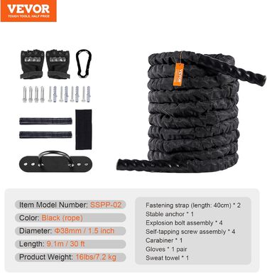 Тренувальна мотузка VEVOR Battle Rope, тренувальна мотузка, бойова мотузка довжиною 9.1 м, поліефірна тренувальна мотузка із захисним покриттям і якорем, ударна мотузка для домашнього тренажерного залу, тренування тіла, основні силові тренування